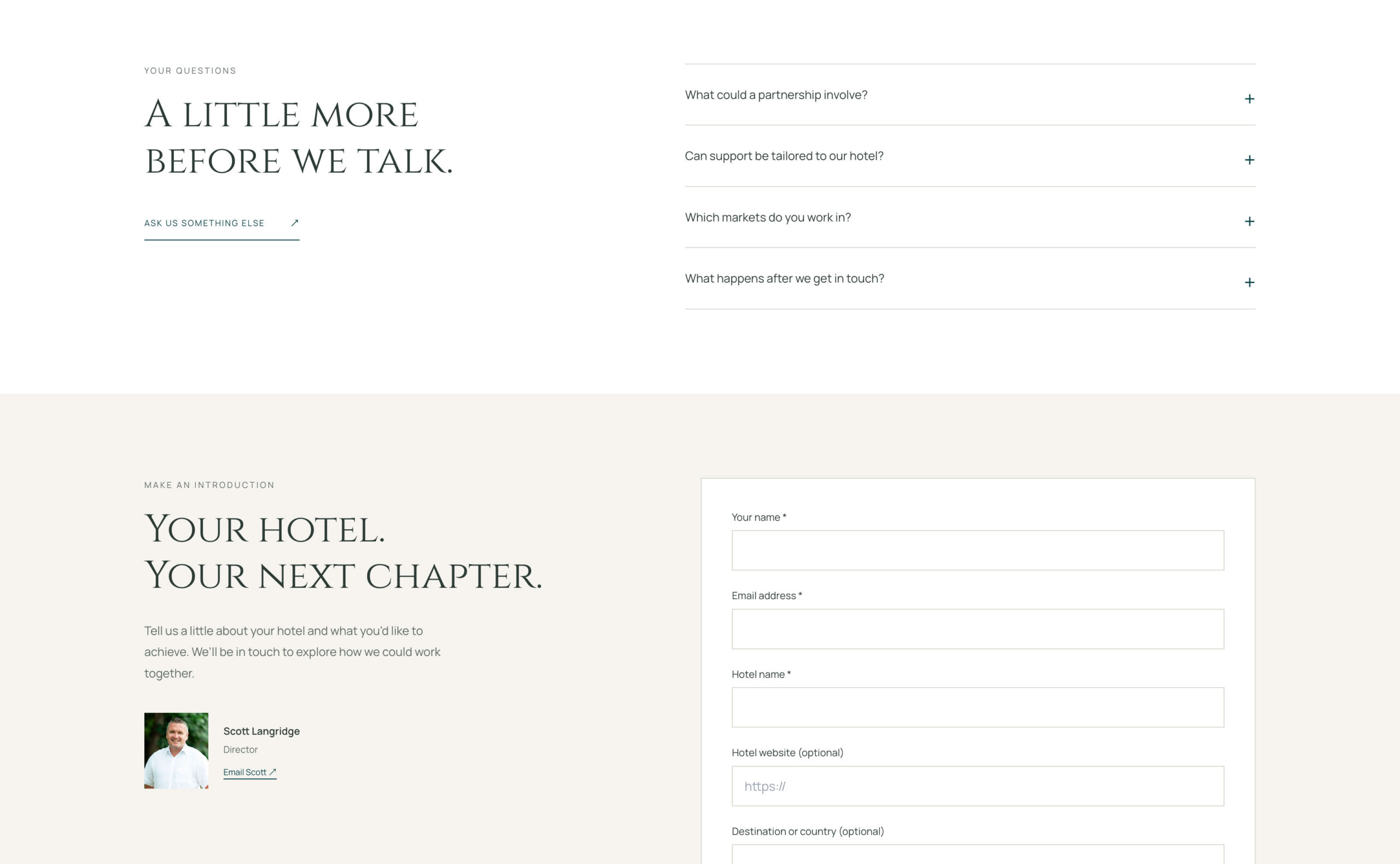 For hotel partners / A dedicated route to representation.