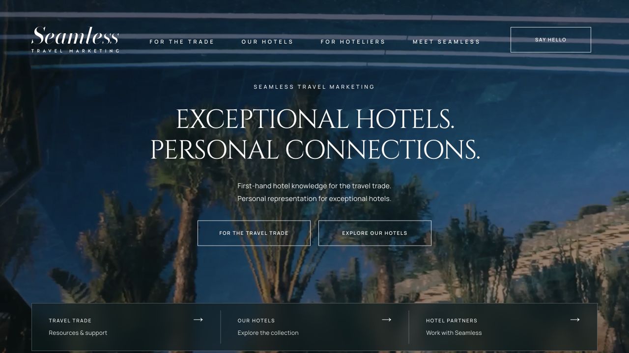 The redesigned Seamless homepage with its hotel film and clear audience pathways