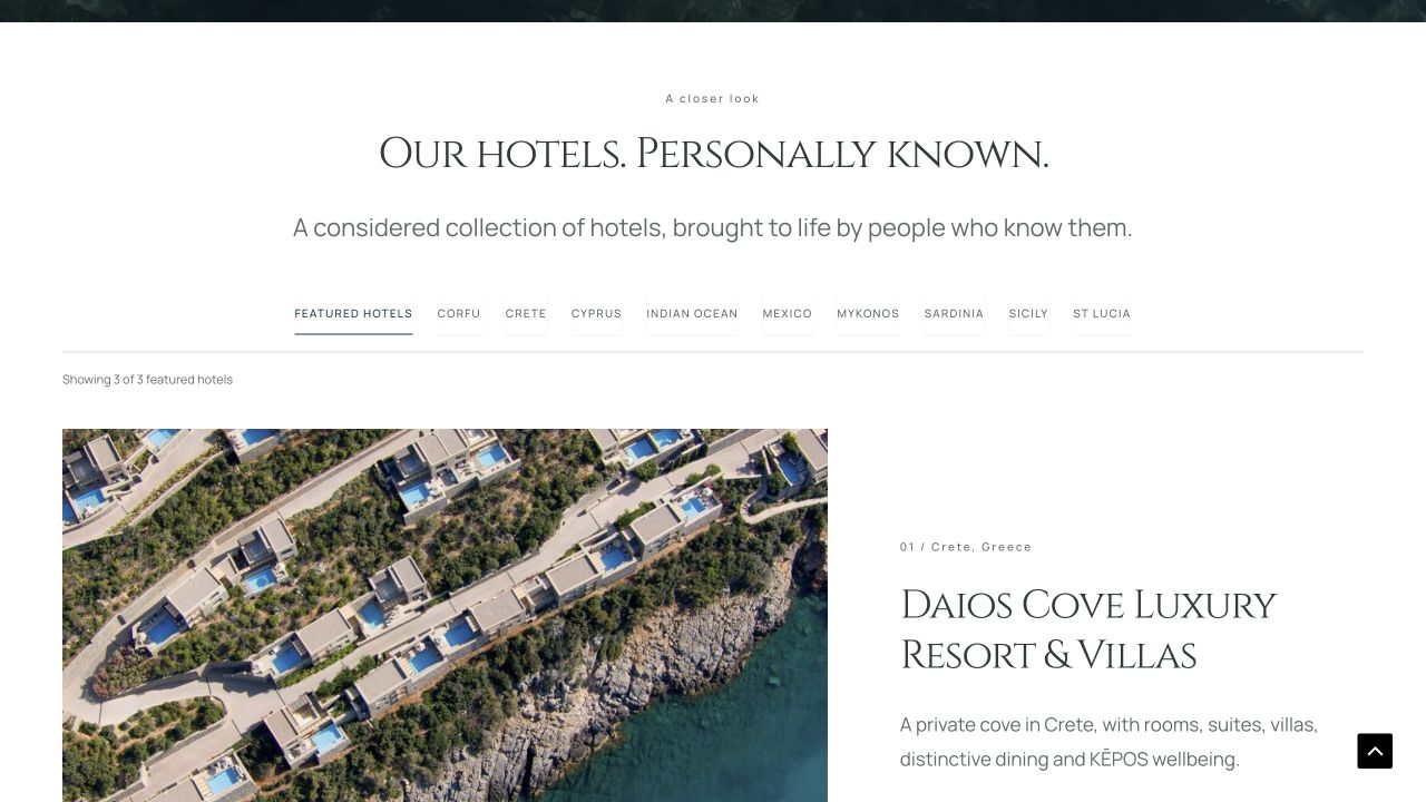 Travel website design for Seamless Travel Marketing, showing the hotel collection